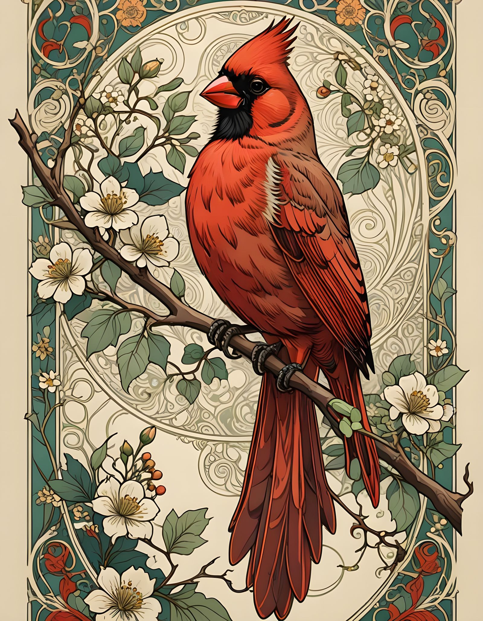 Red Cardinal on Floral Branch in Art Nouveau Style