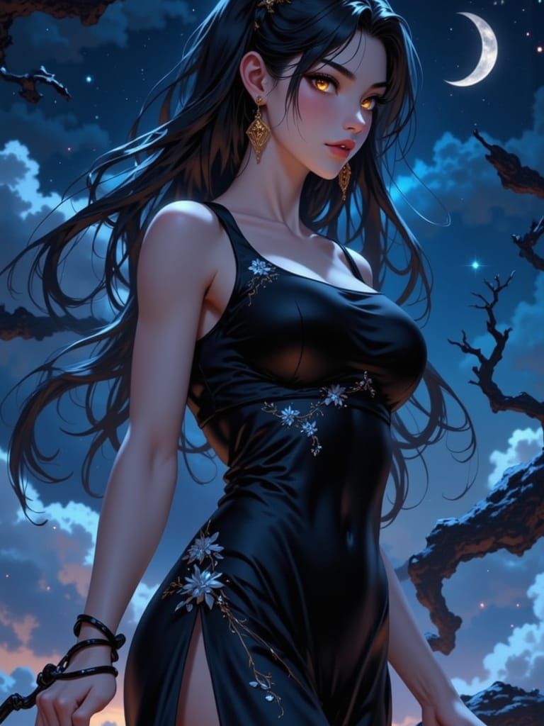 Elegant Donghua Woman in Night Sky: Anime Style