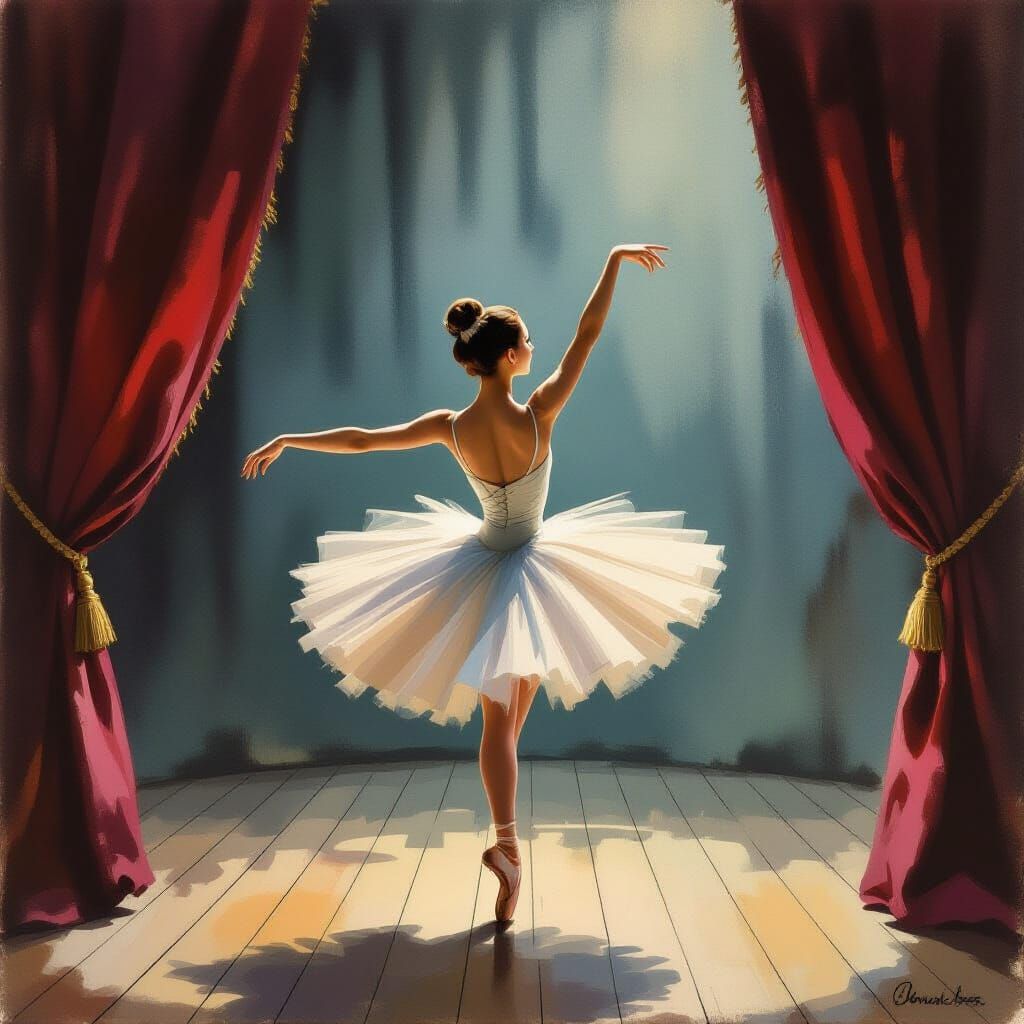 Ballerina Dancing on Stage in Impressionistic Style
