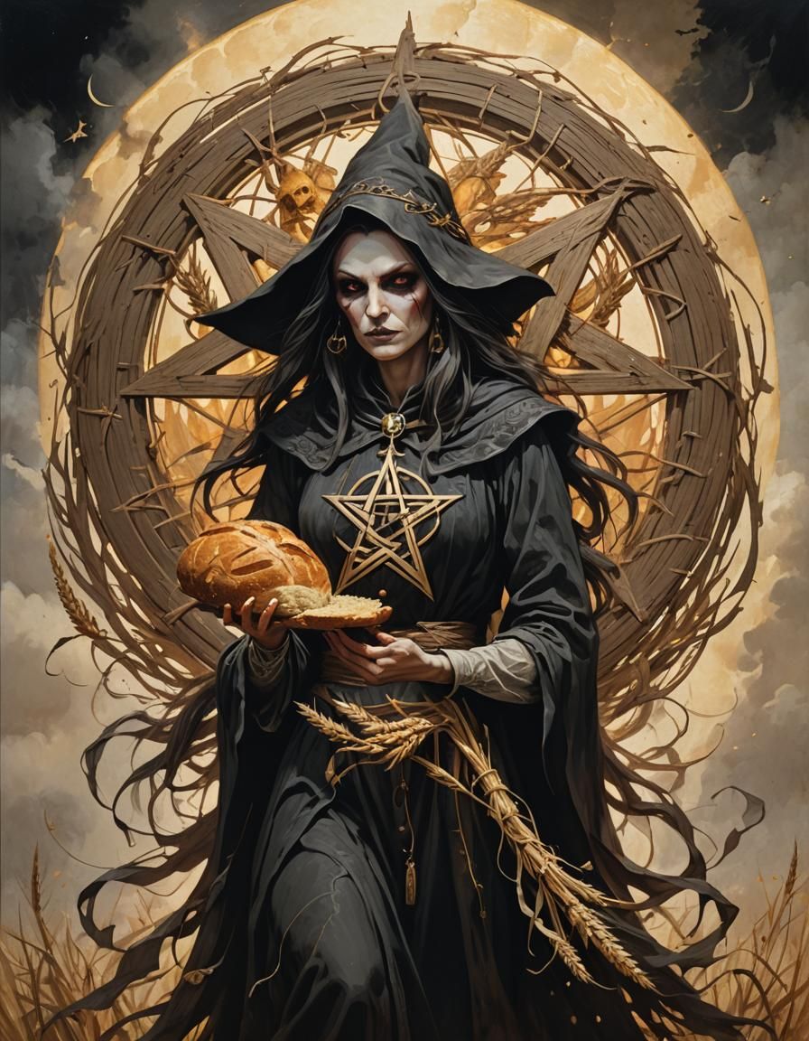 Harvest Witch with Bread and Sun Pentagram