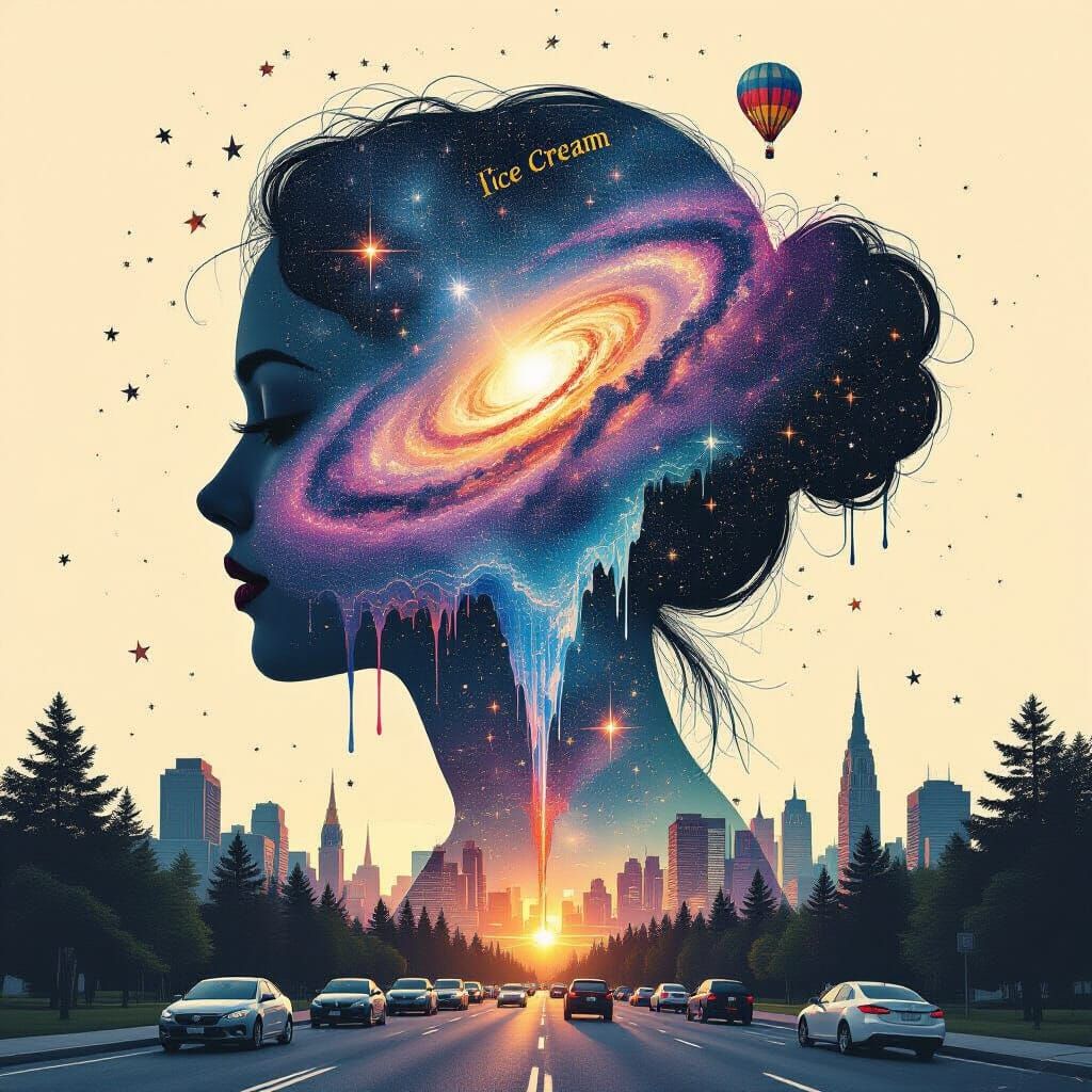Galaxy Ice Cream Double Exposure: Maximalist Illustration