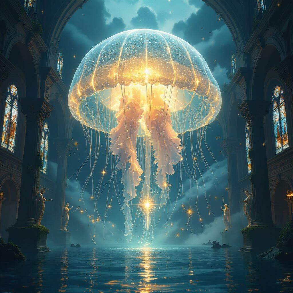 Jellyfish Deity Above Flooded Cathedral in Cosmic Twilight