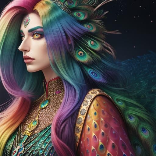 Woman with Rainbow Scales in Cosmic Illustration