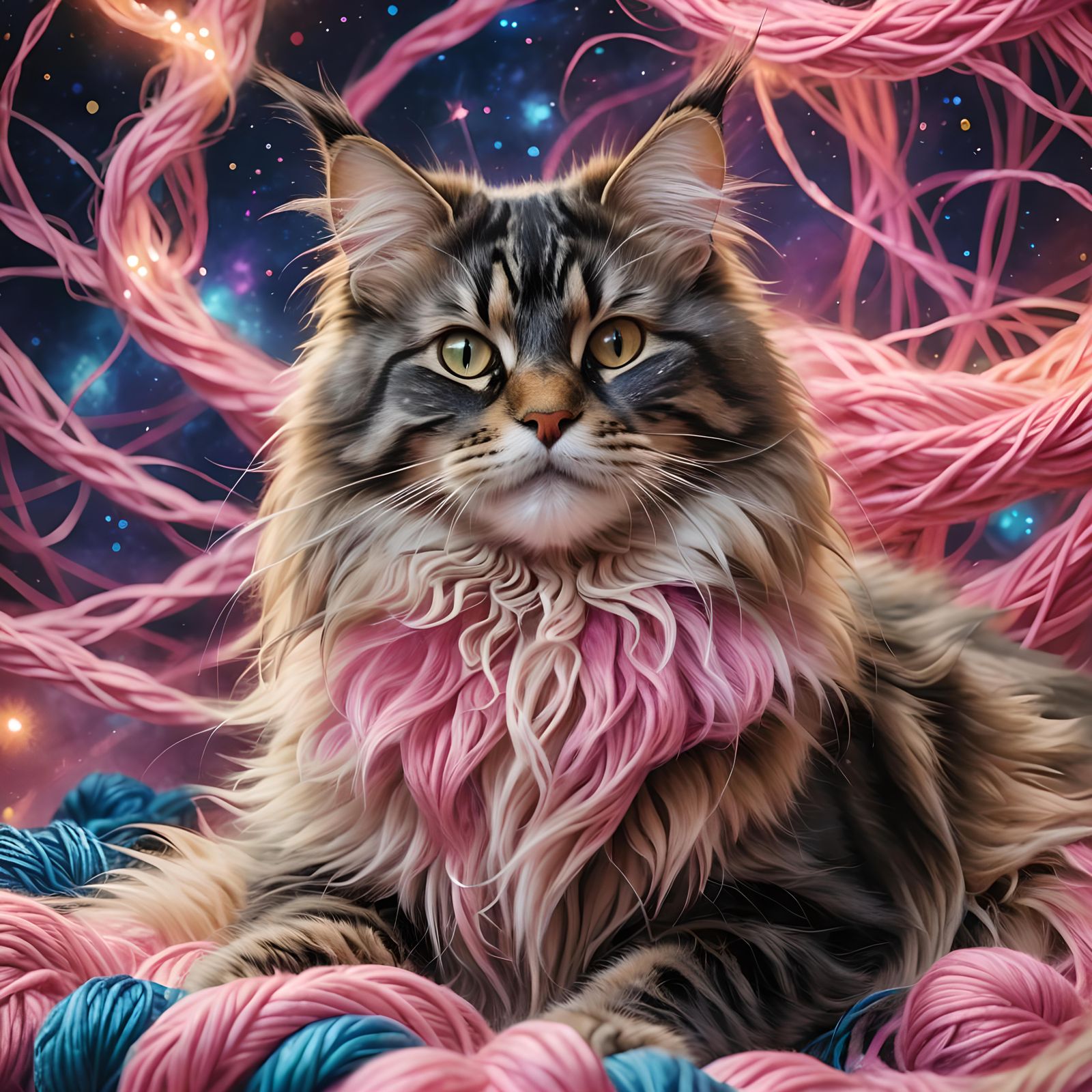 Calico Mainecoon Cat Playing with Yarn