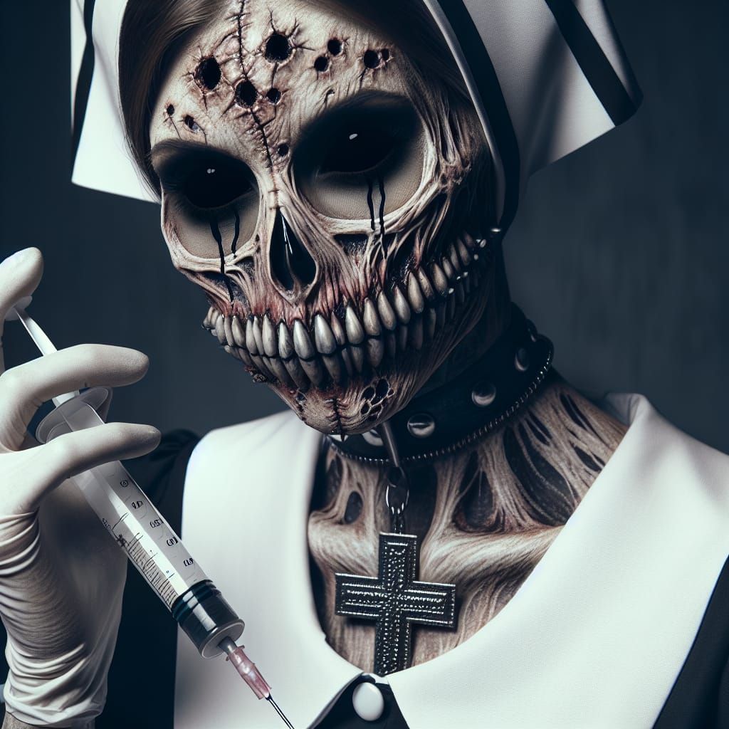 Eerie Nurse with Syringe in Hyperrealistic Style