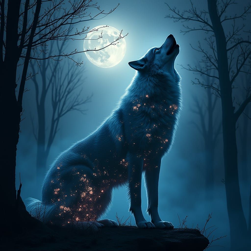 Wolf Howling at Moon in Bioluminescent Forest
