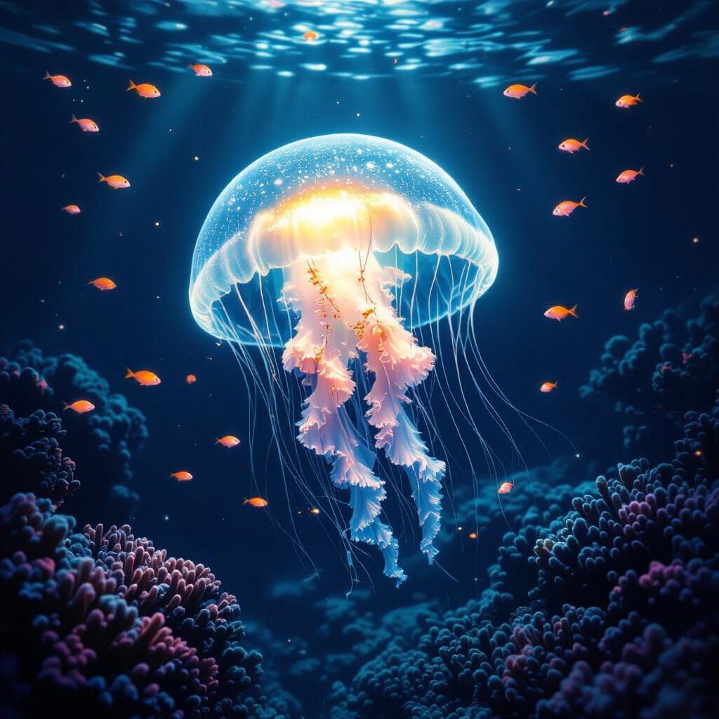 Bioluminescent Jellyfish in Dark Ocean with Coral Reefs