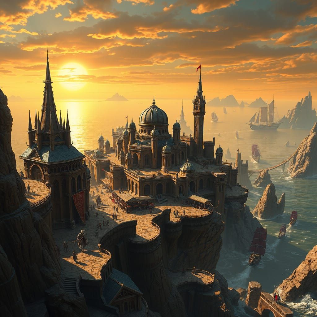 Fantasy Metropolis Wyrmspire Amidst Majestic Sunset Landscap...