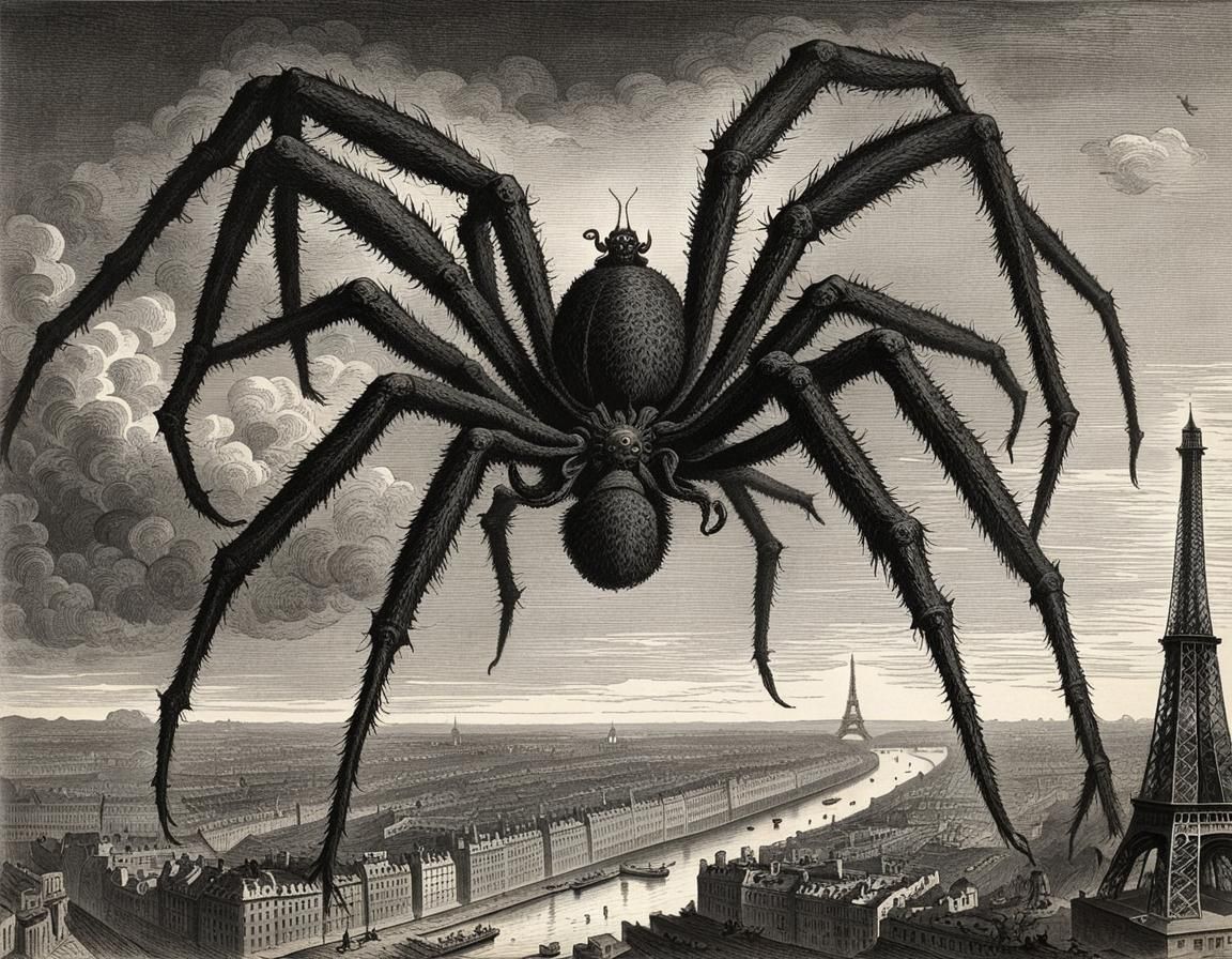 Giant Spider's Rampage in Victorian Paris Etching