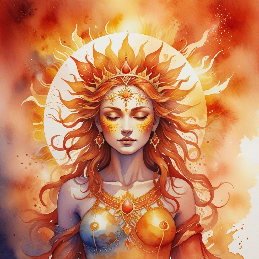 Celestial Sun Spirit Radiates Fiery Energy in Watercolor Bac...