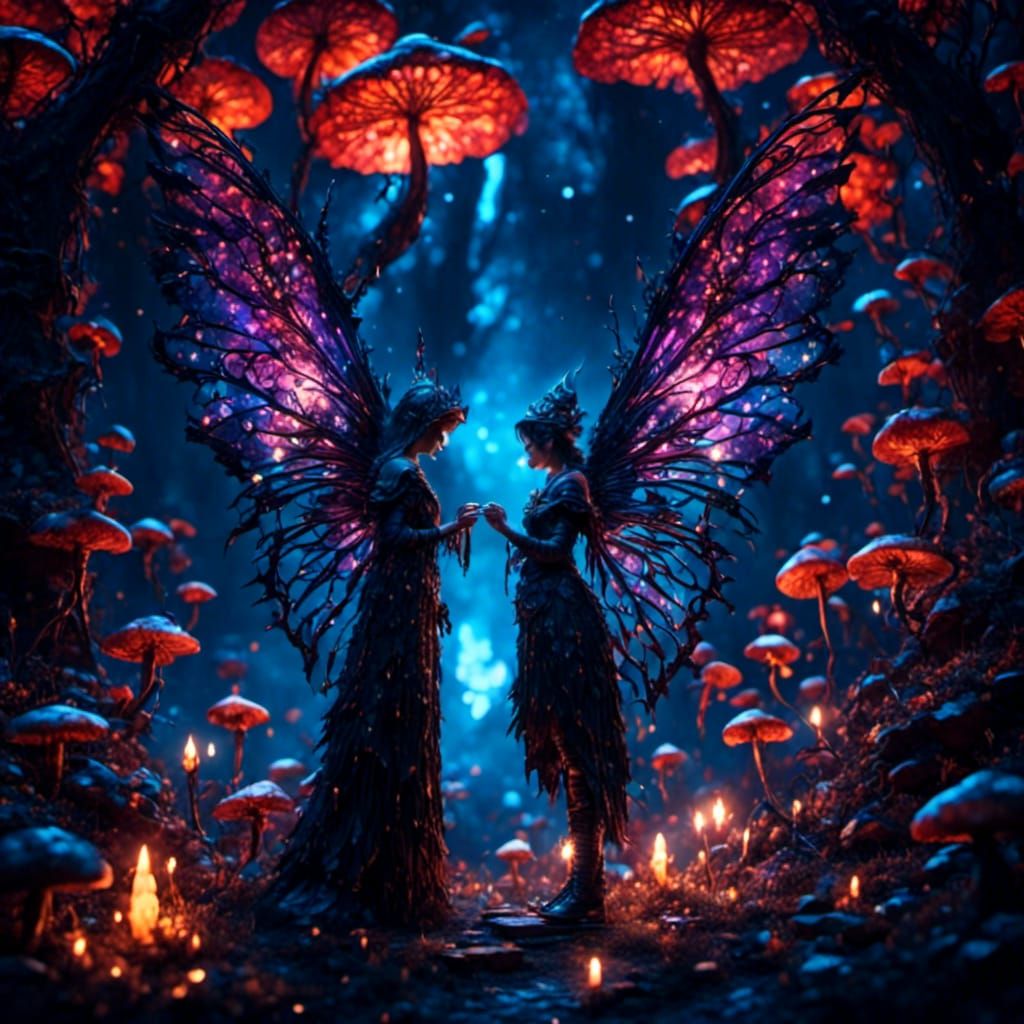 Dark Fairy Silhouette with Glowing Mushrooms