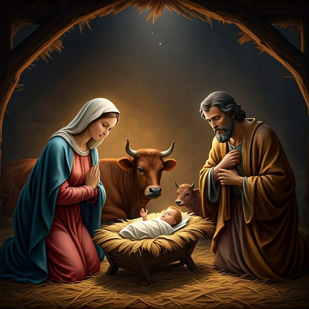 The Virgin Mary Cradles the Newborn Jesus in a Serene Nativi...