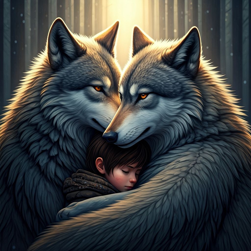 Wolves Shelter Lost Boy in Winter Light