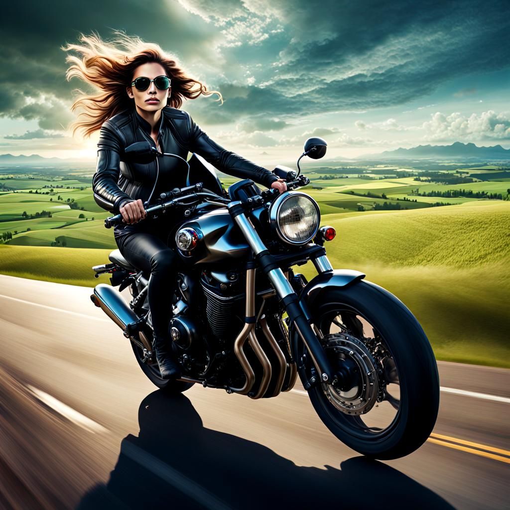 Woman Biker Rides on Open Road in Digital Art