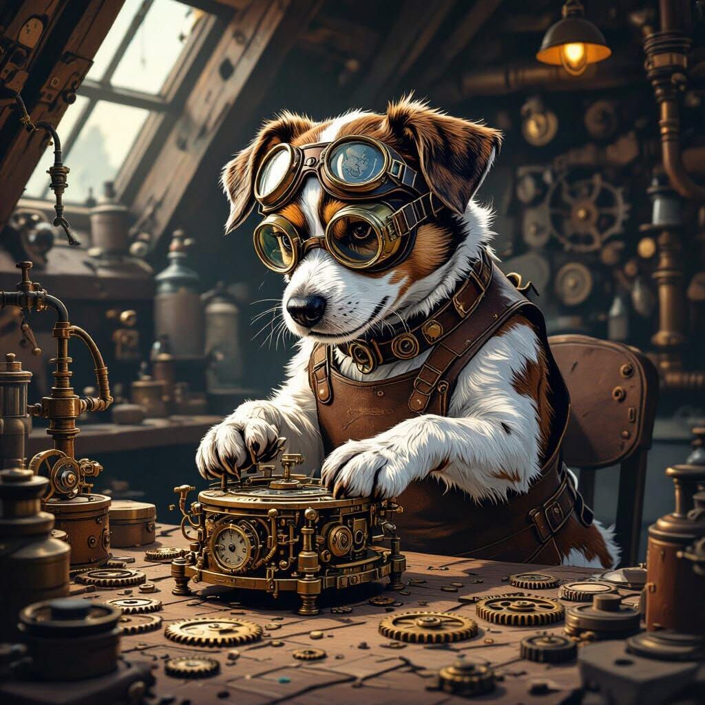 Steampunk Dog Tinkering with Clockwork in Detailed Ink Style