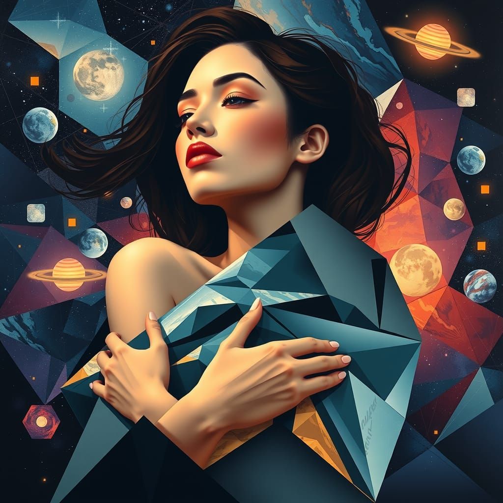 Woman Wrapped in Universe: Cubist Art Deco Painting