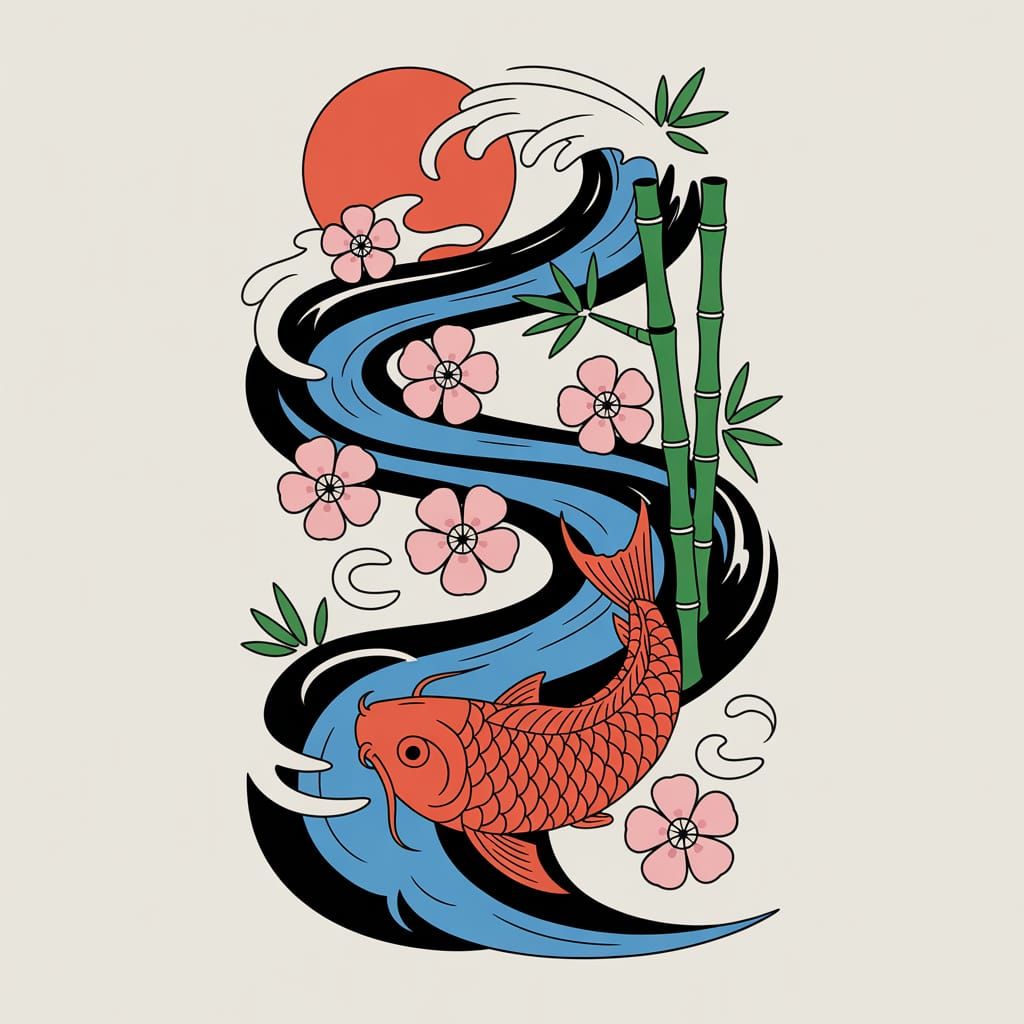 Neo-Japanese Tattoo Design with Koi and Cherry Blossoms