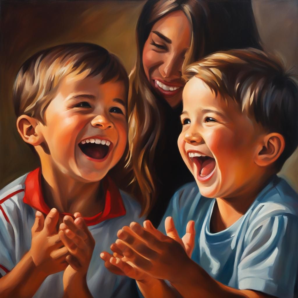 Mother Telling Jokes to Sons: Impressionistic Oil Painting