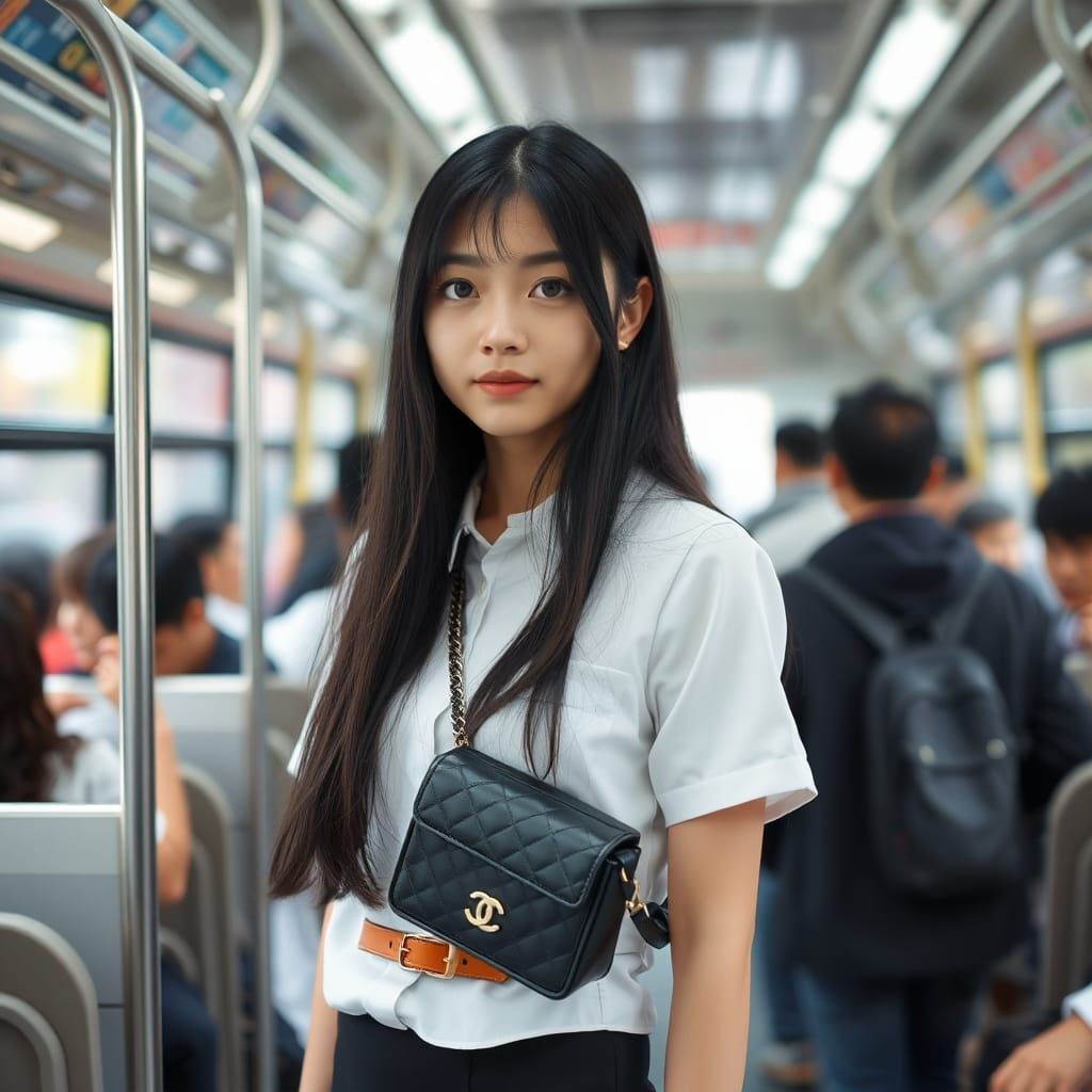 Japanese Woman in Uniform on Crowded Bus