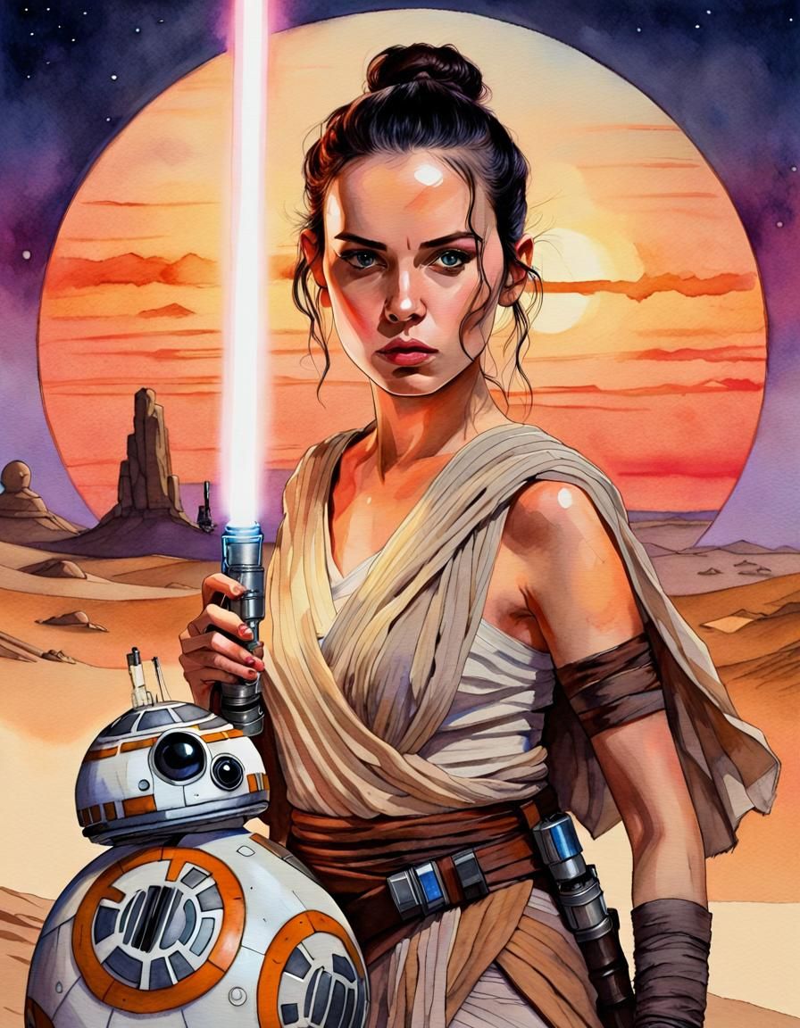 Rey and BB-8 on Tatooine at Sunset