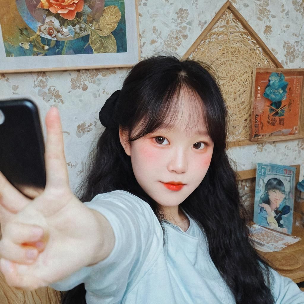 Ullzang Selfie: Digital Art Portrait in Cozy Room