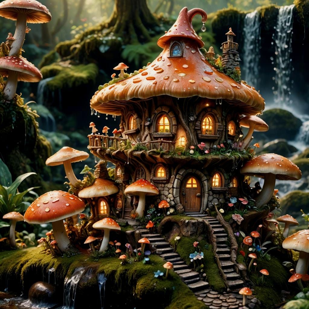 Fairies on Mushroom Near Fairy House, Hyperrealistic Digital...