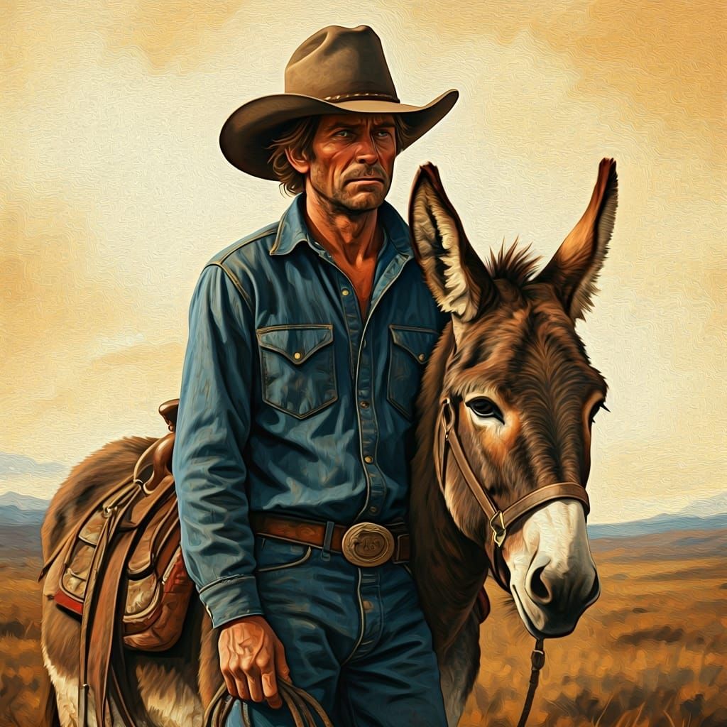 Cowboy and Donkey in Rockwell Style Landscape