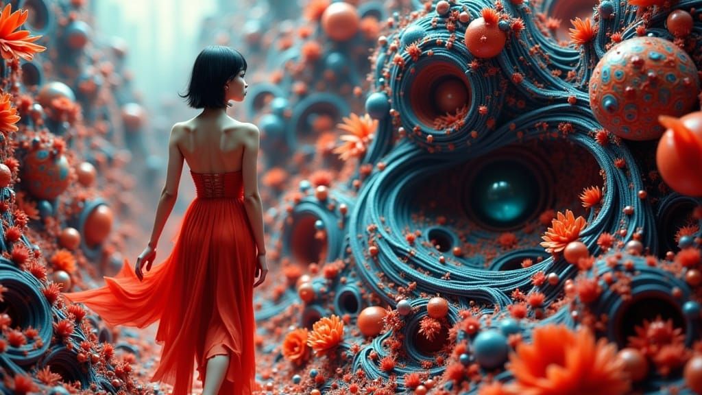 Surreal 3D Artwork: Woman in Red Dress in Otherworldly Garde...