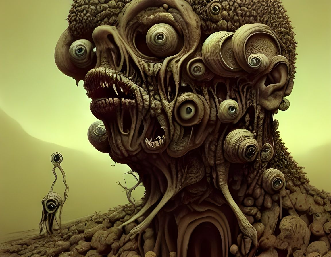 Grotesque Half-Man Half-Maggot Creature in Body Horror Style