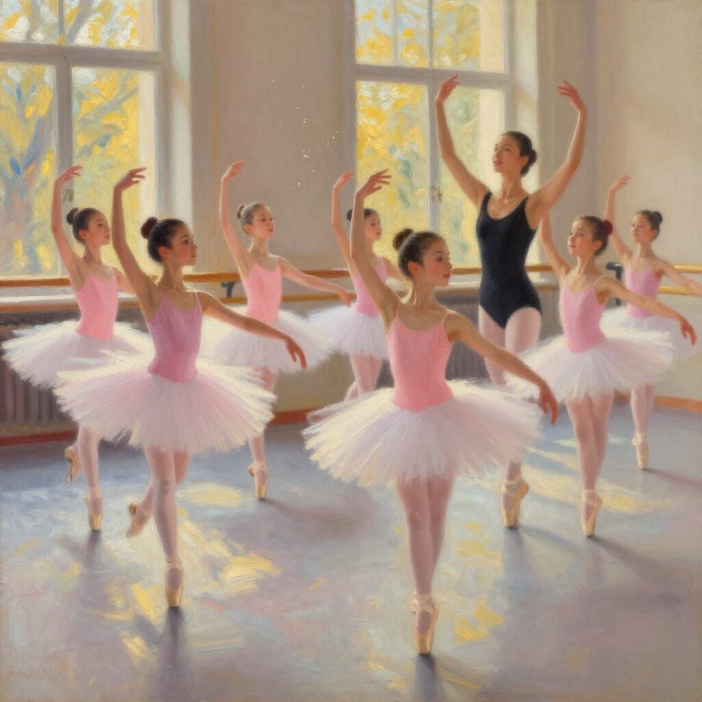 Ballerinas Dancing in Sunlit Studio, Impressionistic Oil Pai...