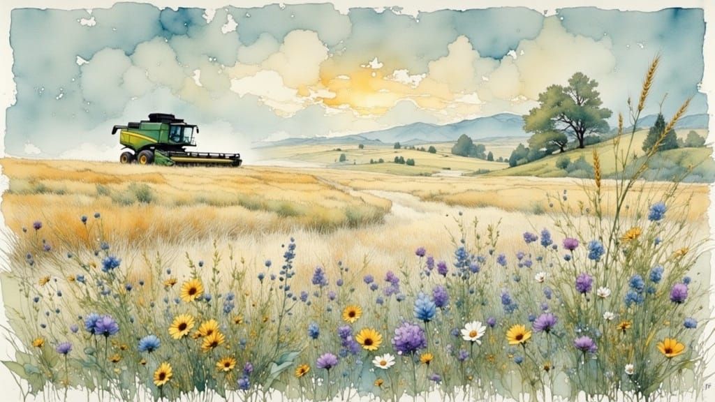 Golden Wheat Fields with Harvester, Matte Painting Style