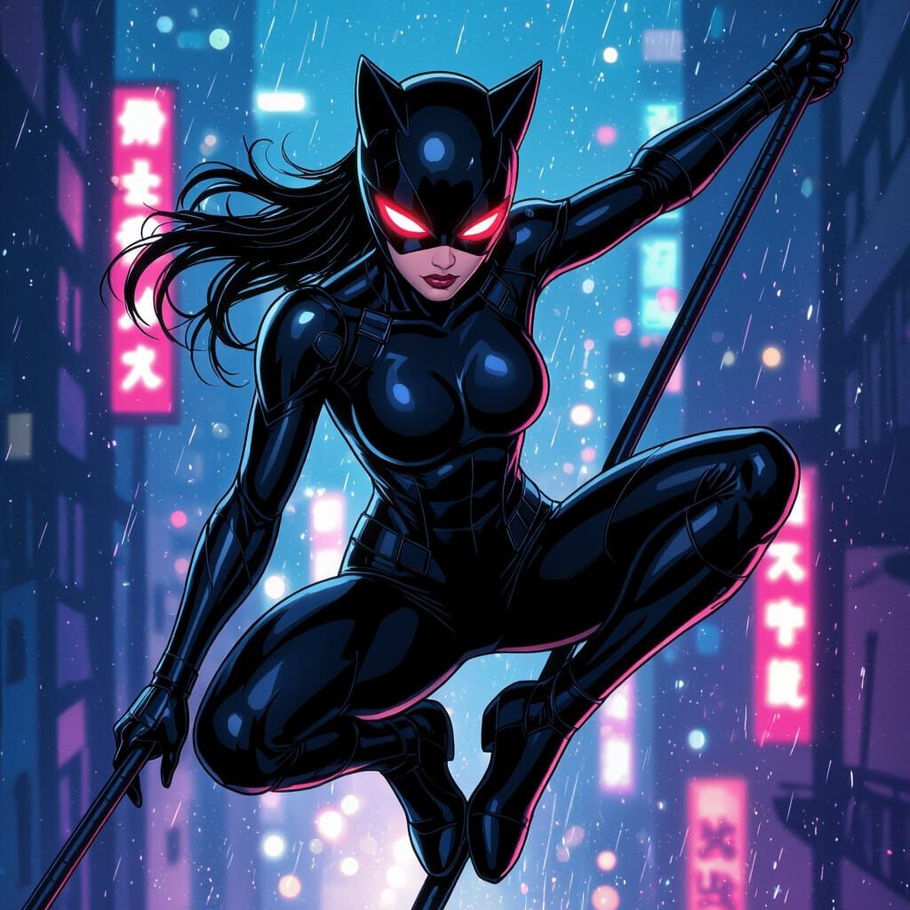 Dynamic Cat-Armor Warrior Poses on Neon City Pole