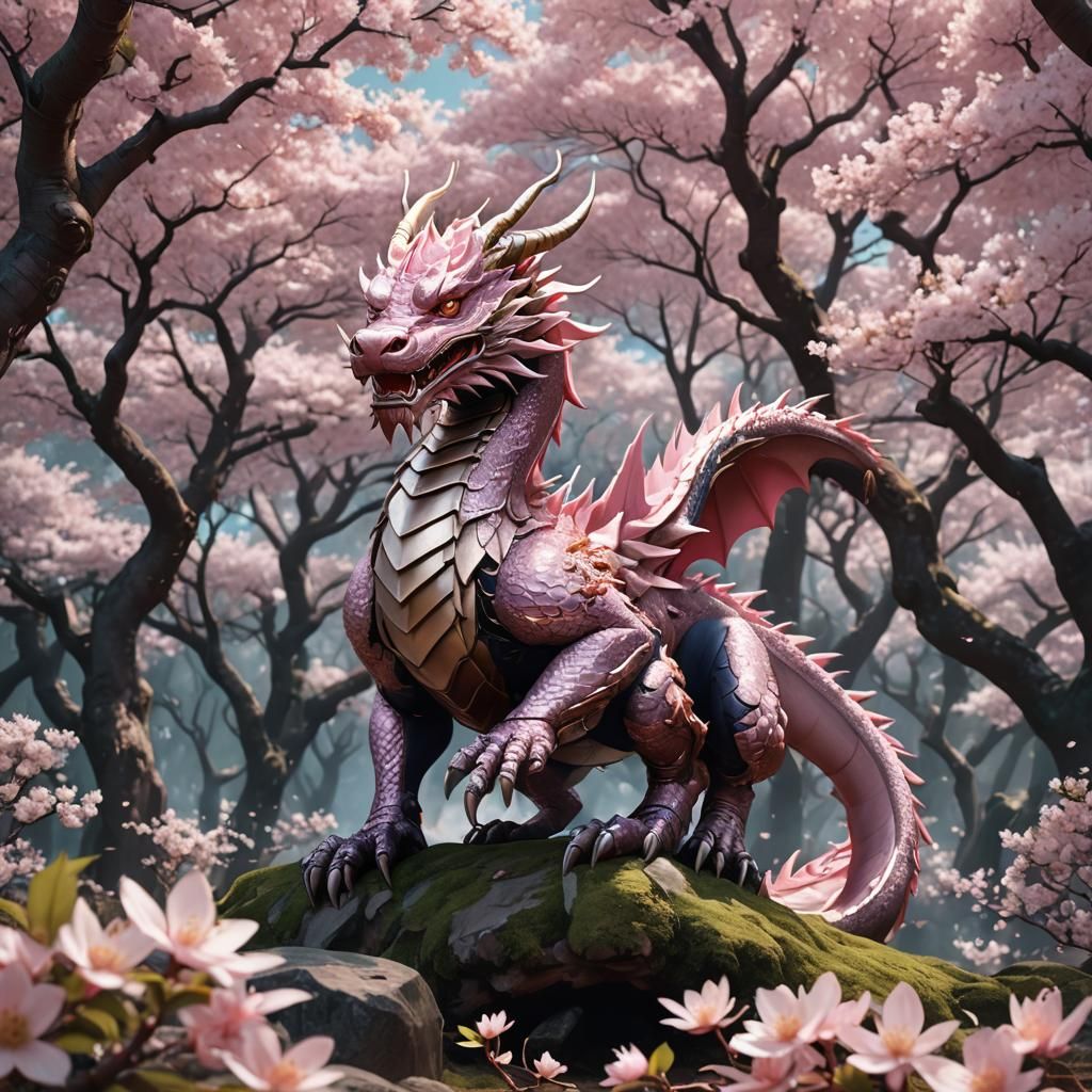 Cherry Blossom Dragon in Anime Style Forest