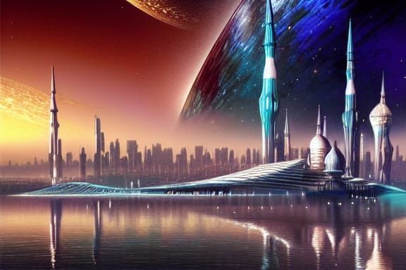 Futuristic Islamic Metropolis by Water Under Cosmic Sky