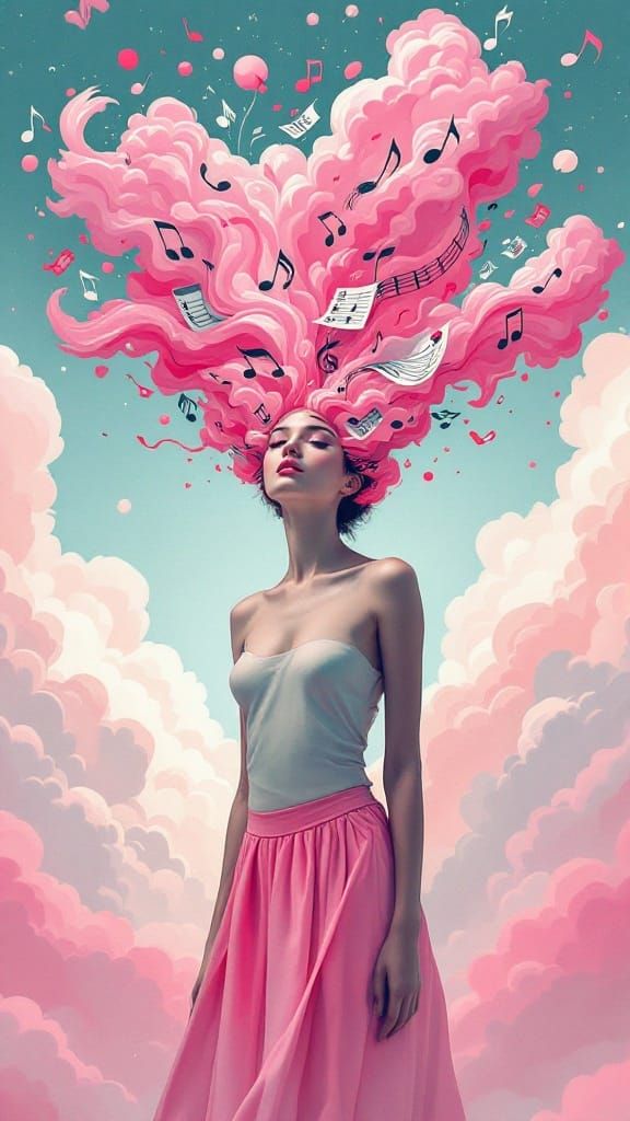 A Woman Transformed by Music in Vibrant Pink Hues