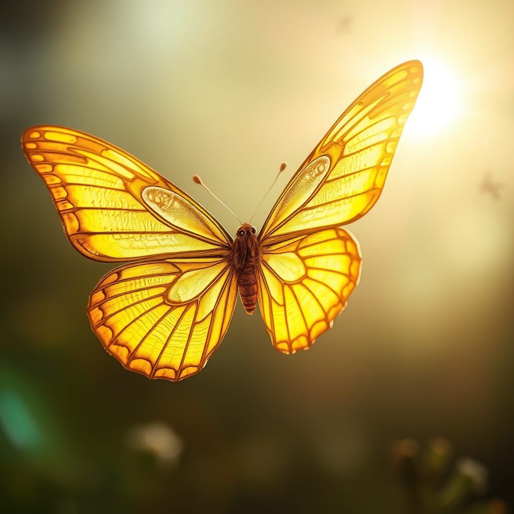Golden Butterfly Shimmers in Sunlight: Realistic Rendering