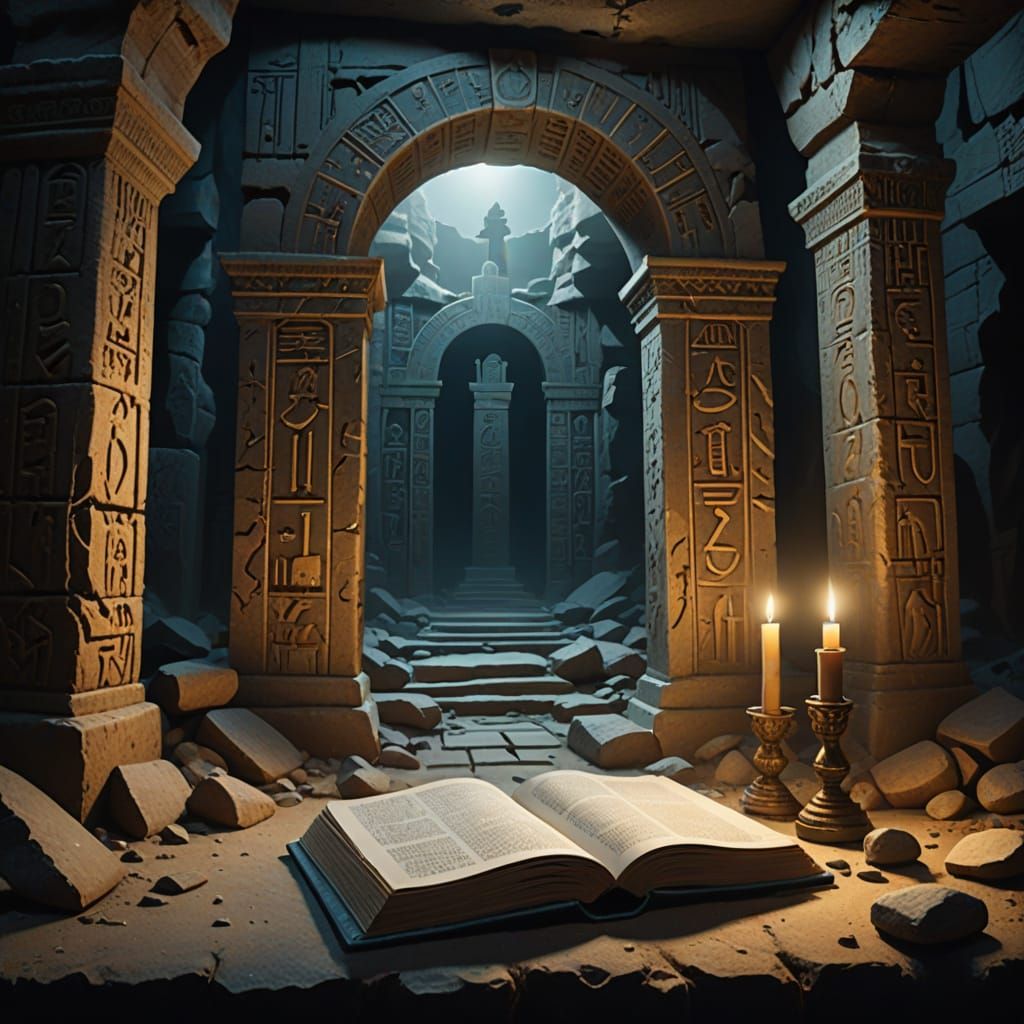 Ancient Book of Forbidden Lore in Eerie Dystopian Cave