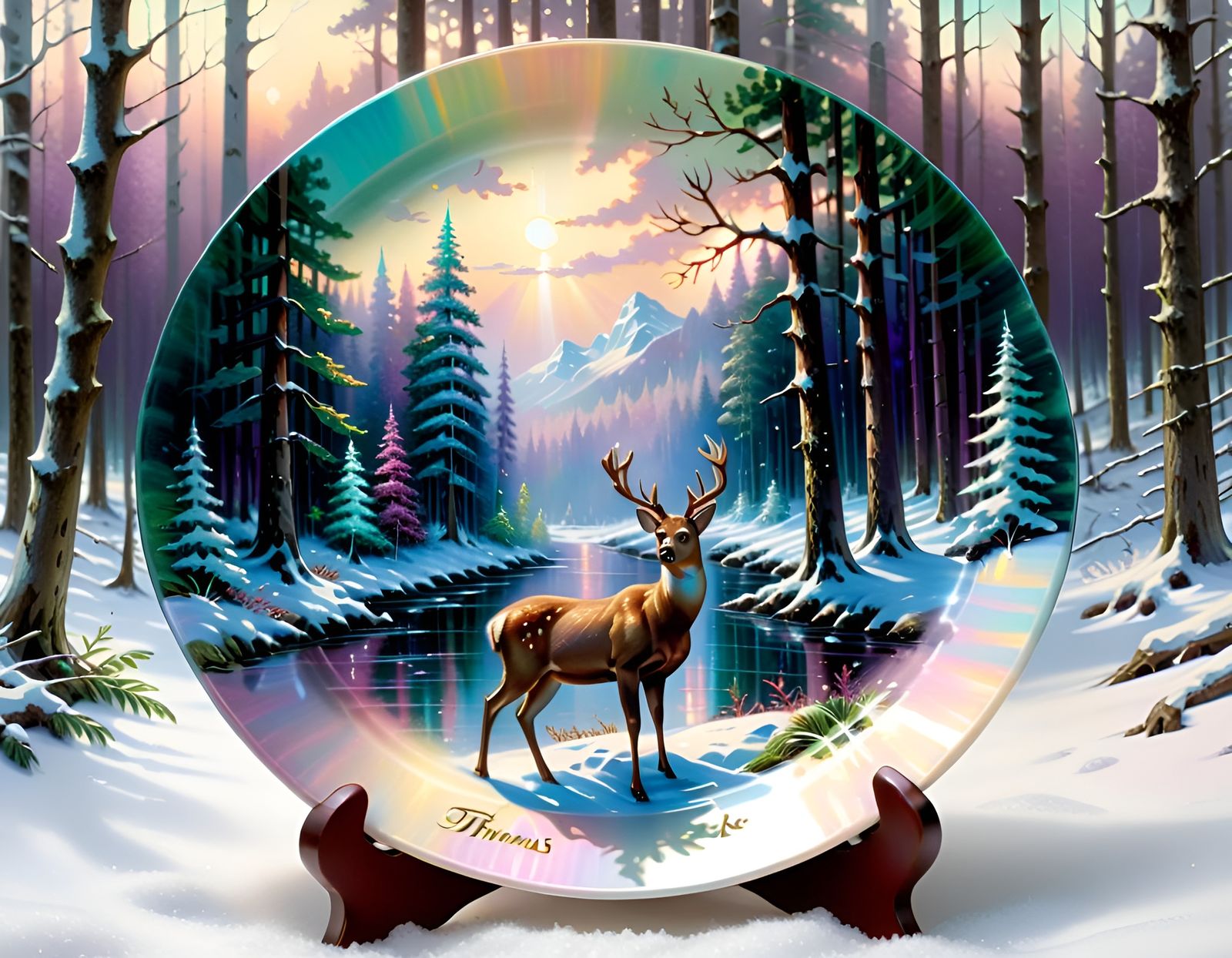 Deer in Snowy Forest Inside Glass Plate
