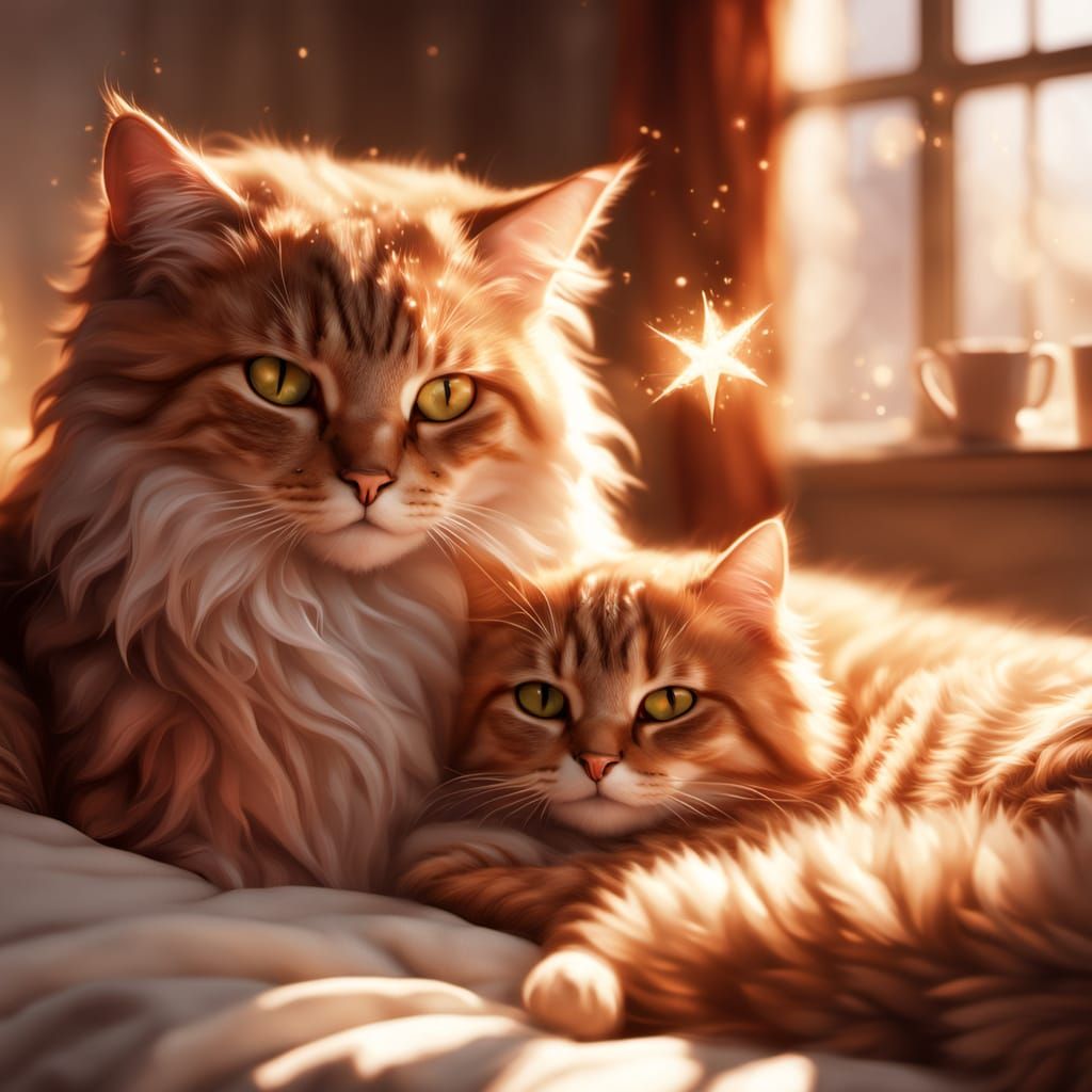 Cozy Bedroom Sanctuary with Cats in Warm Golden Light