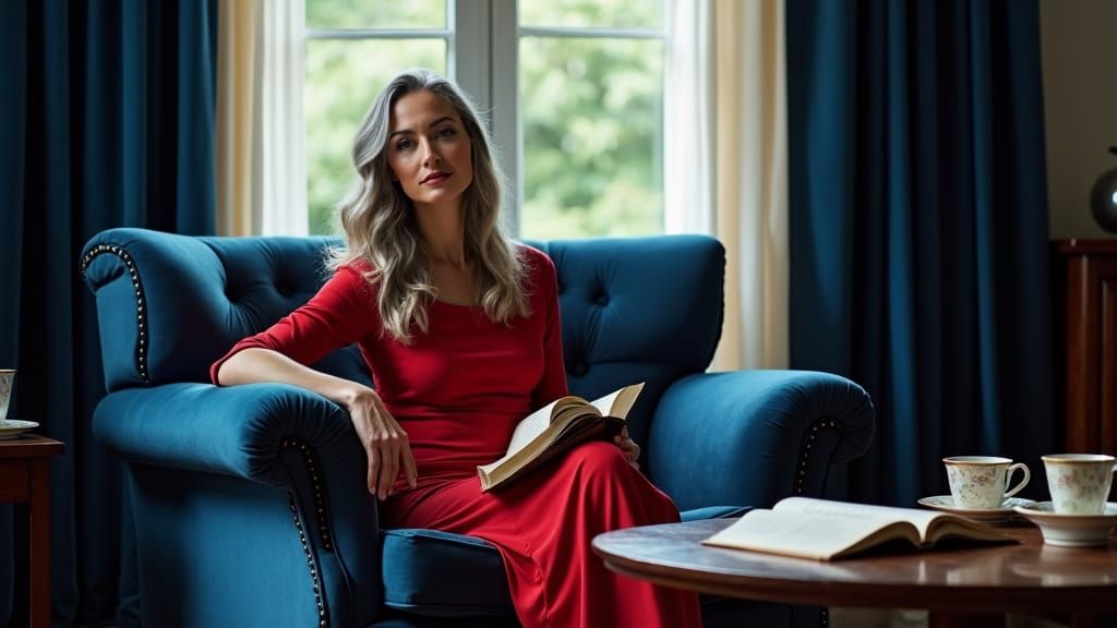 Model in Red Dress in Dark Blue Room