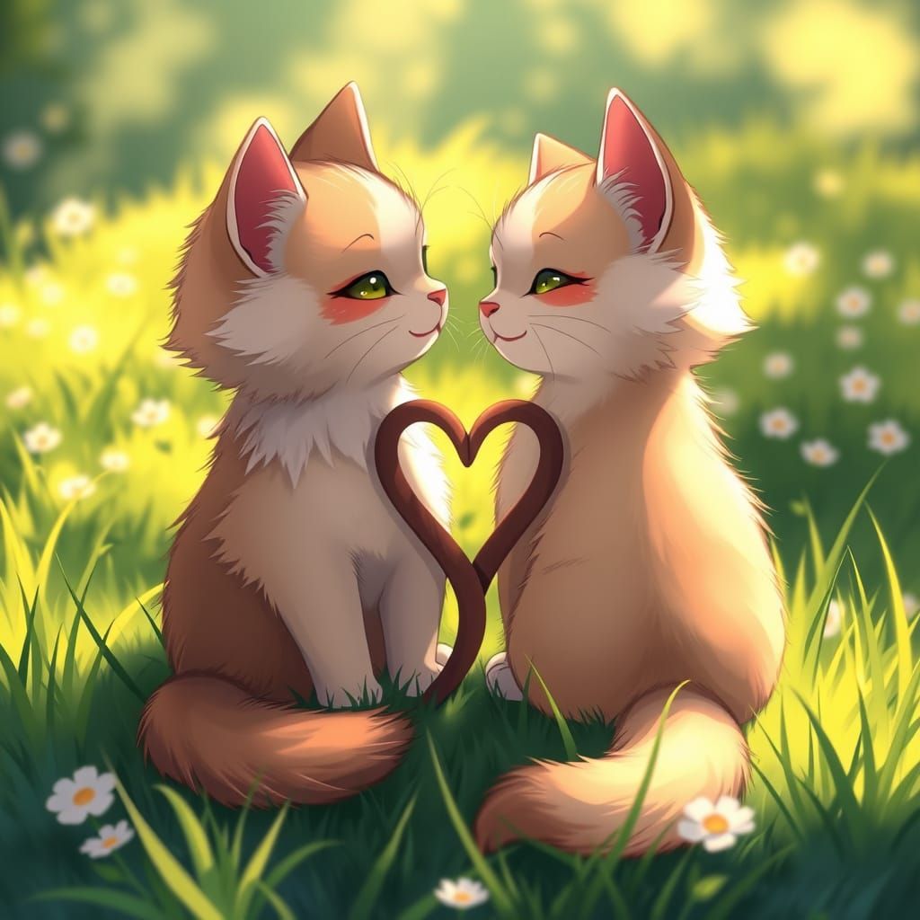 Whimsical Cartoon Cats in a Lush Green Meadow