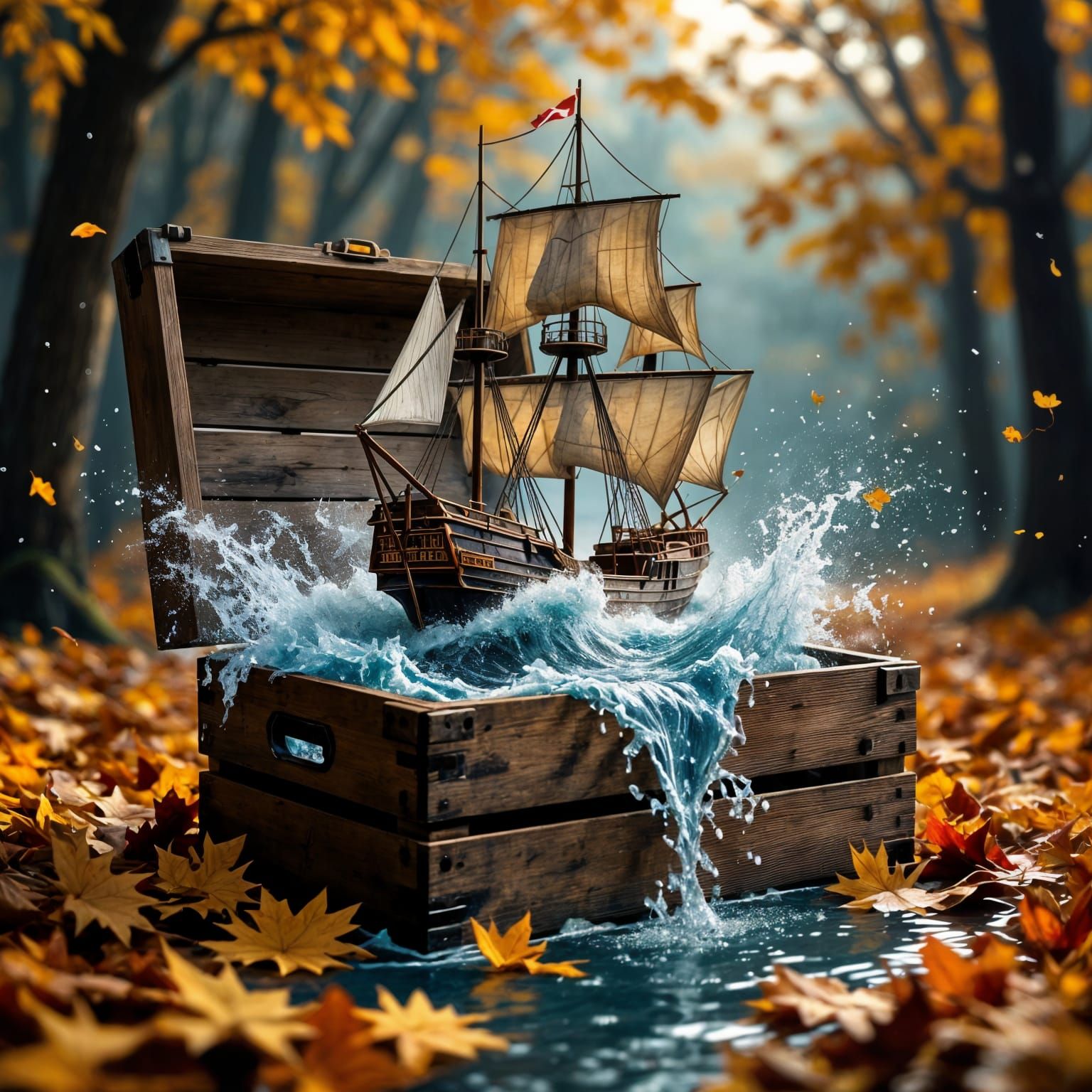 Surreal Autumn Scene: Shipstorm Contained in Wooden Crate