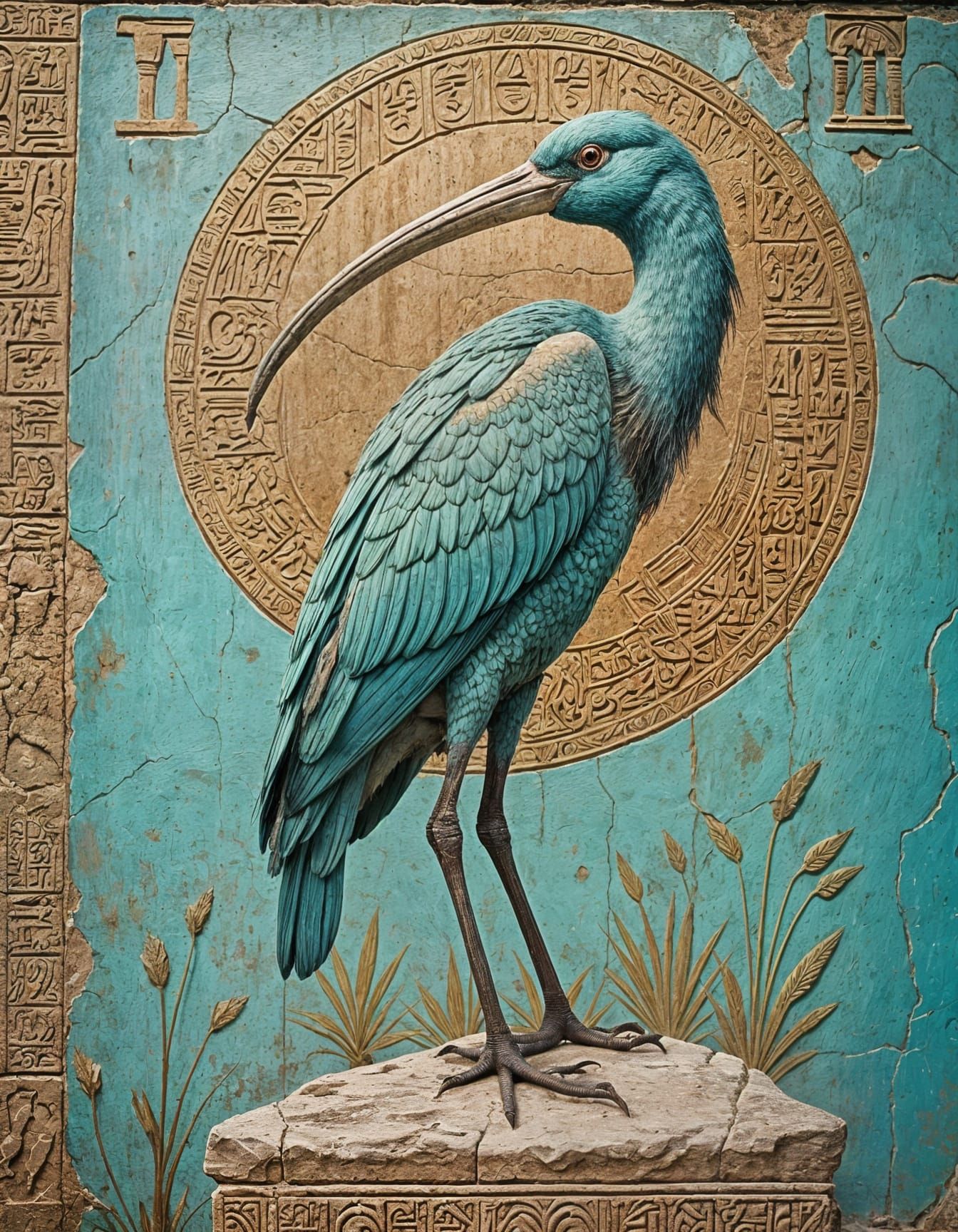 Egyptian Temple Mural of a Turquoise Ibis