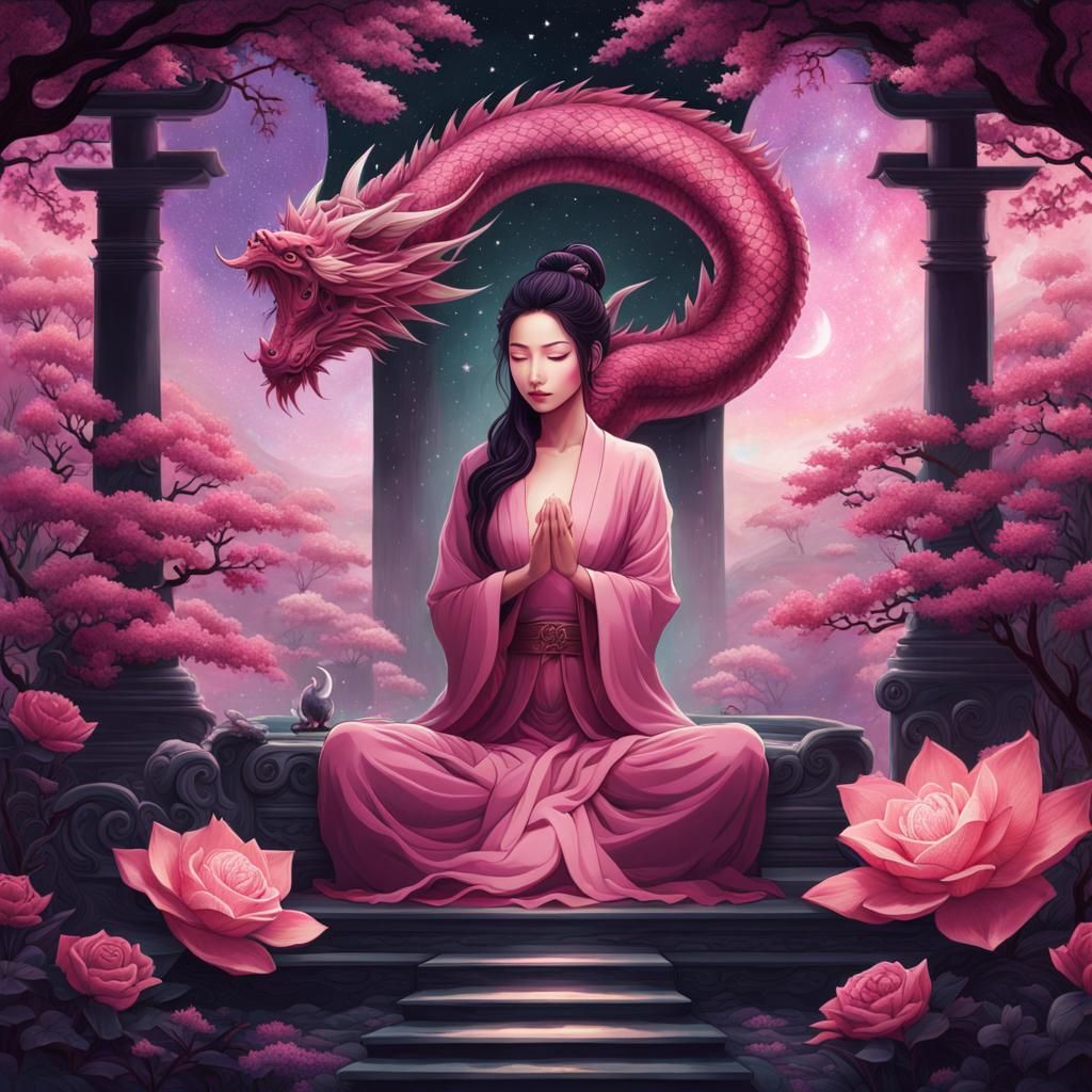 Dragon Tattoo Woman Meditating in Zen Garden