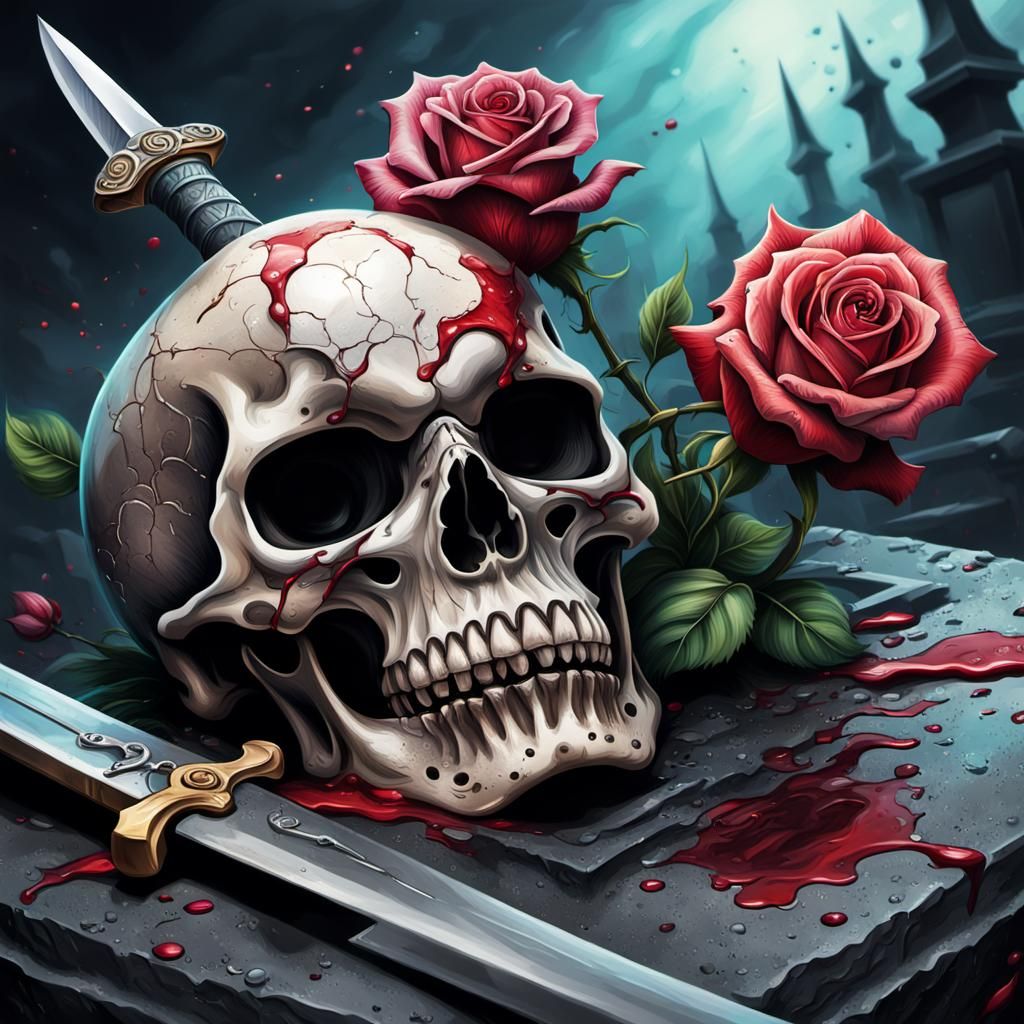 Hyperrealistic Skull with Dagger and Rose on Grave