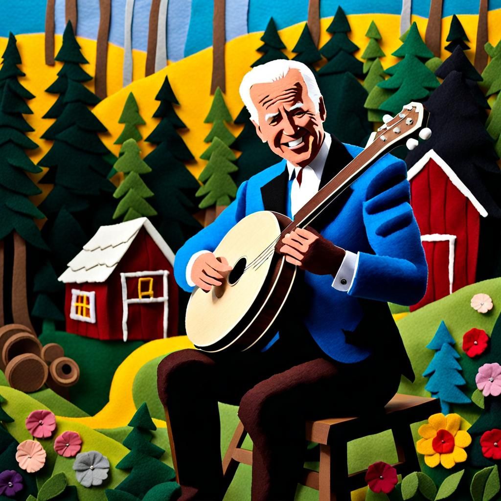 FELT ART Joe Biden playing banjo against the background of a hillbilly cabin in the deep woods :: made out of mult-color...