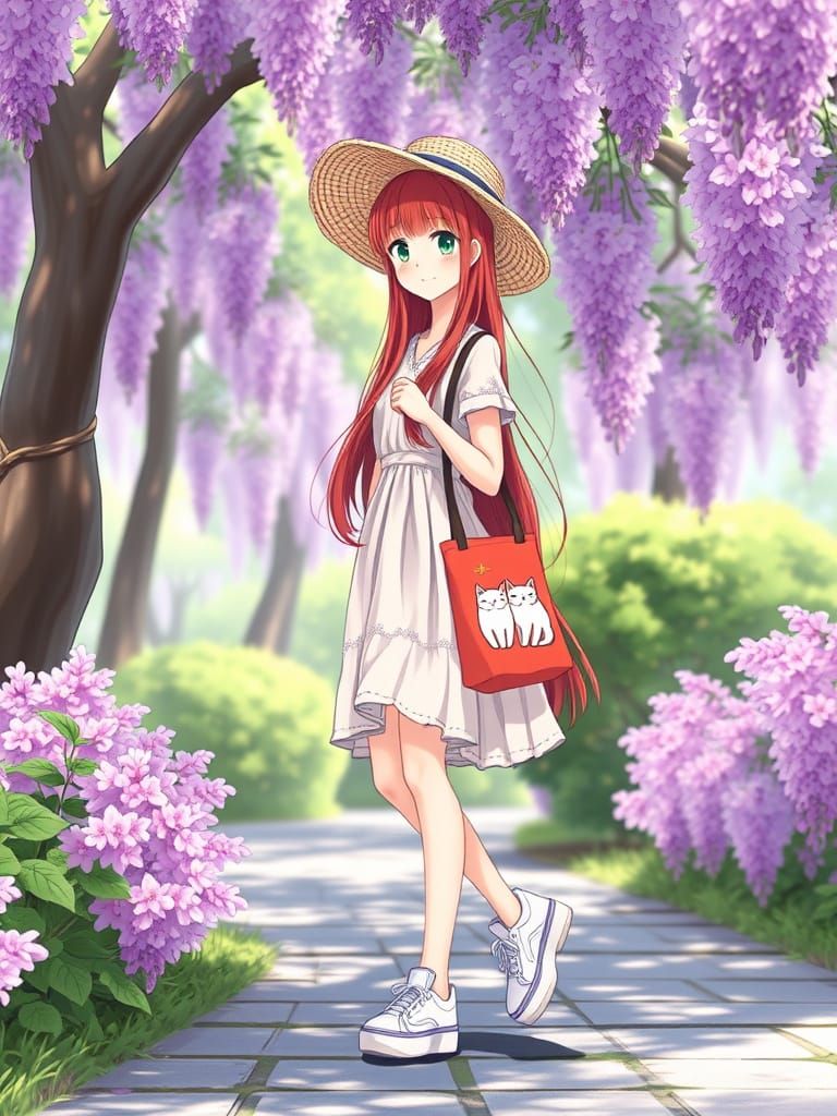 Petite Japanese Woman Strolls in Wisteria Blooming Park