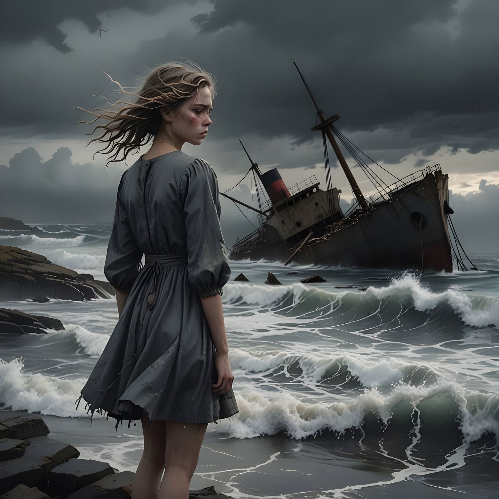 Melancholic Girl Weeps Beside Sinking Ship in Moody Ocean Sc...