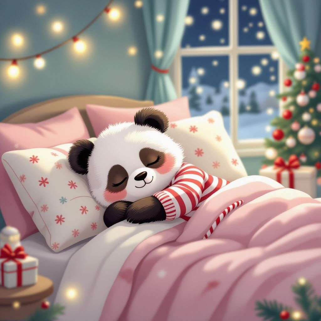 Pink Panda Sleeps Peacefully on Christmas Eve Night