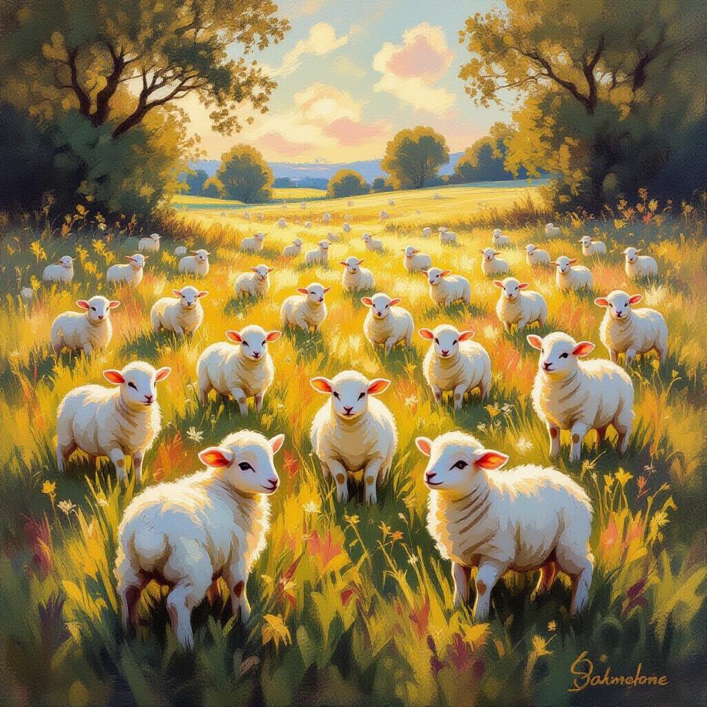 Magical Glowing Lambs in a Dreamlike Impressionist Field